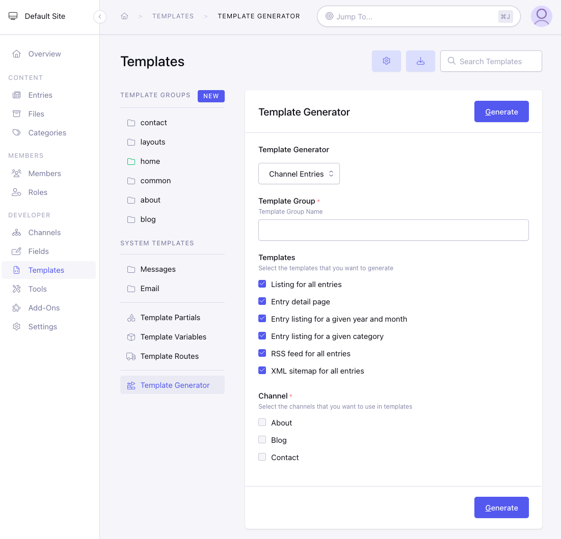 ExpressionEngine Control Panel Template Generator