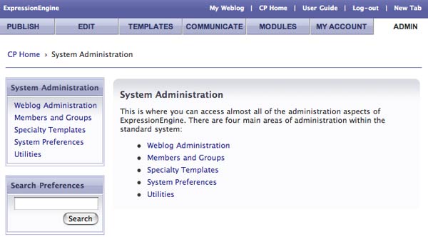 The Admin section of the Control Panel
