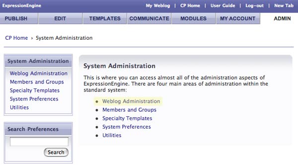 Click on Weblog Adminstration to open all the Weblog Administration options.