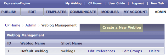 Click Create a New Weblog to do just that