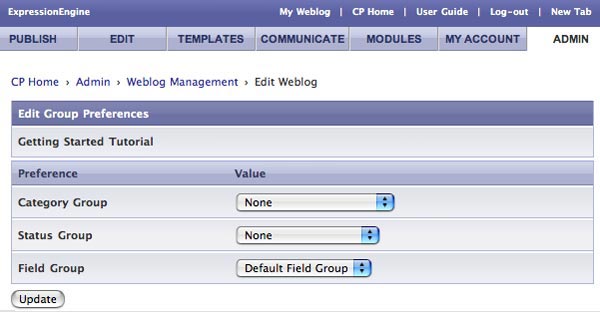 By default the Category and Status Groups are set to None and the Field Group is set to Default Field Group