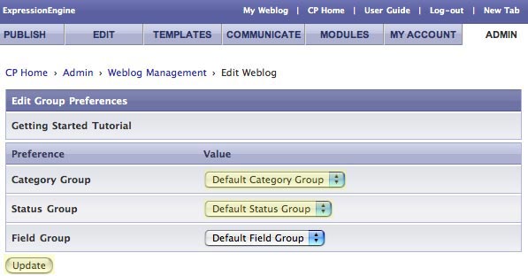 Set the Category and Status Groups to Default Cateogry and Default Status, then click Update.