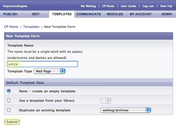 Name the Template article and click submit.