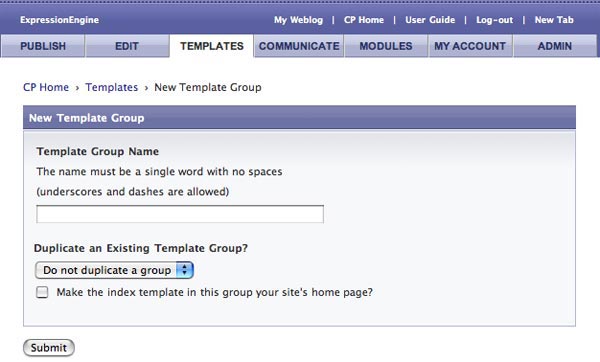 Create new Template Group screen