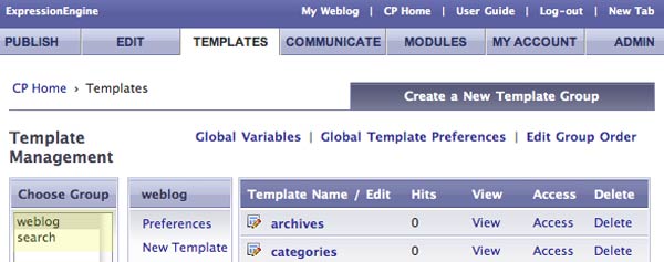 Templates section of the EE Control Panel