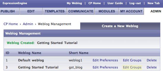 To assign Groups to a weblog, click Edit Groups