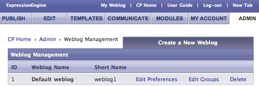 The Weblog Management screen