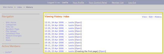 The Wiki History section of the template determines the visual display of an article's revision history as highlighted below.