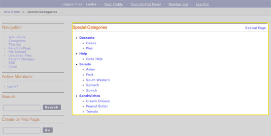 Displays all the categories in the wiki.