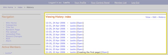 The Wiki History Template determines the visual display of an article's revision history as highlighted below.