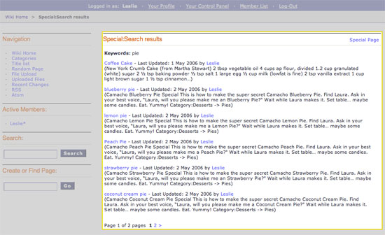 Displays search results done through the wiki.