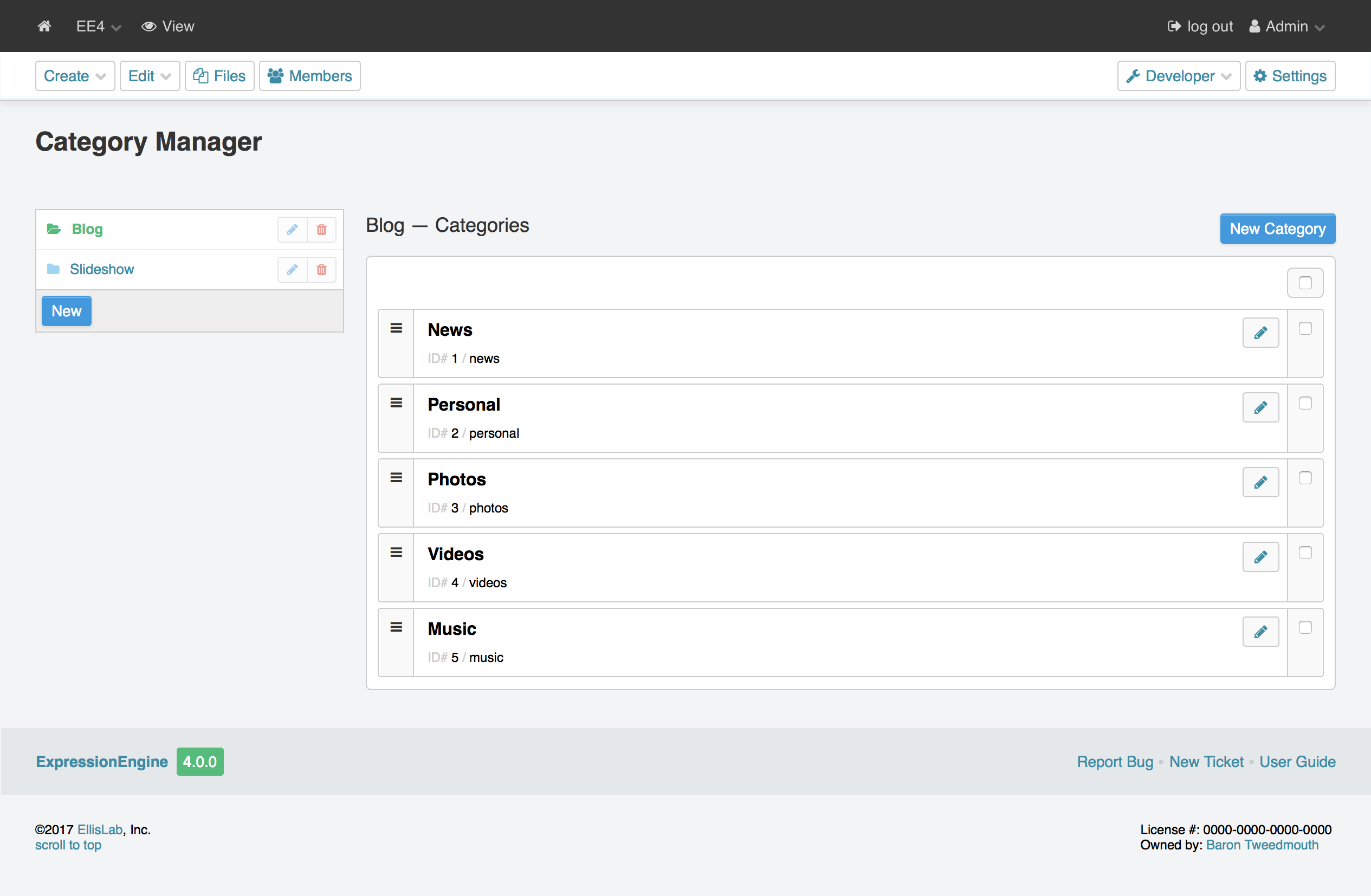 Category Manager Control Panel Page